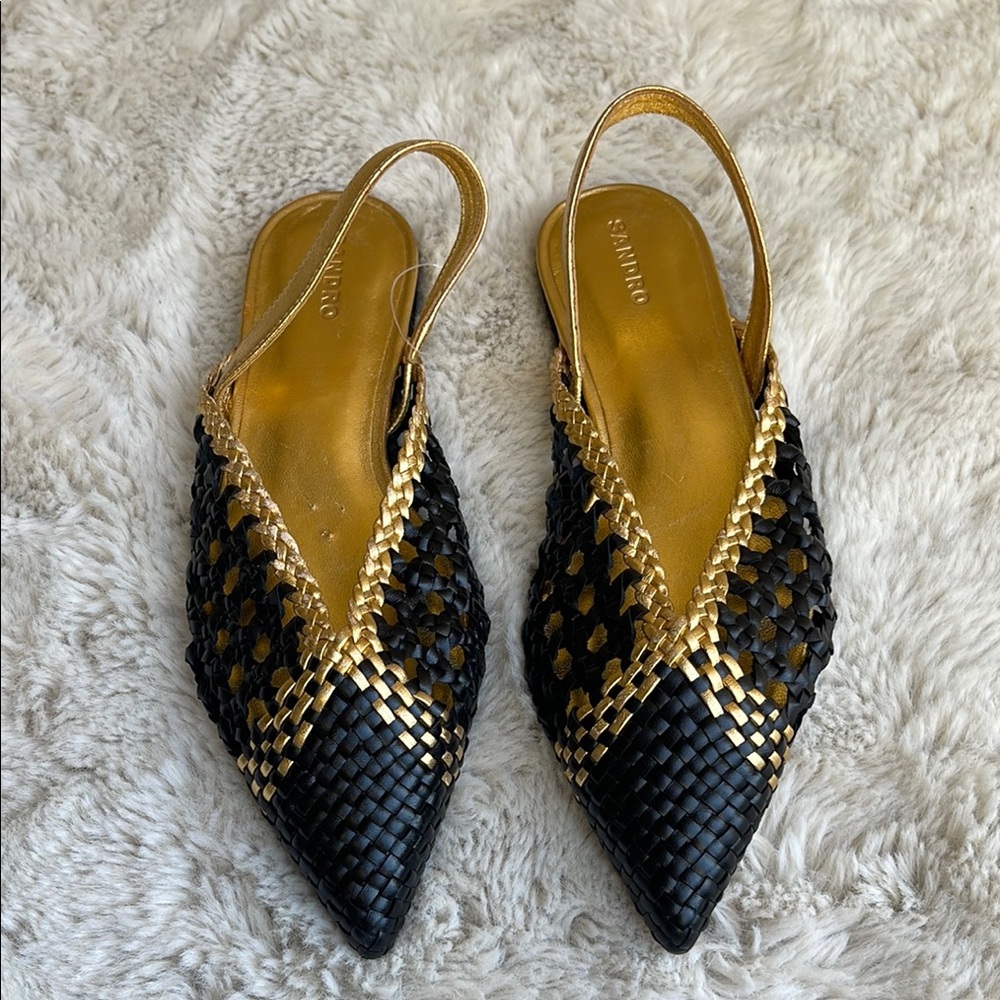 Sandro Melena woven leather slingback Black and Gold Pointed Toe Flats Size 36